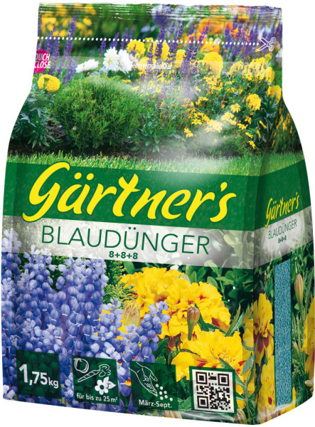 Produktbild von Gärtners Blaudünger 8-8-8 in 1, 75, kg Verpackung mit blühenden Pflanzen und Angaben zu Gewicht, Anwendungsbereich sowie Aussaatzeitraum.