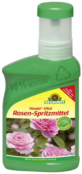 Produktbild von Neudorff Neudo-Vital Rosen-Spritzmittel 250ml mit gruener Flasche, Informationen zur Zusammensetzung und Abbildung von Rosen.