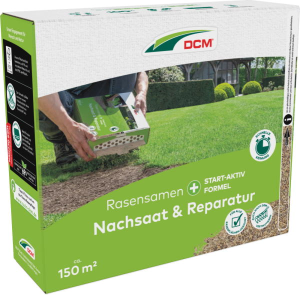 Produktbild von Cuxin DCM Rasensamen Nachsaat & Reparatur in einer 2250g Streuschachtel für die Anwendung auf ca 150 m² Rasenfläche.