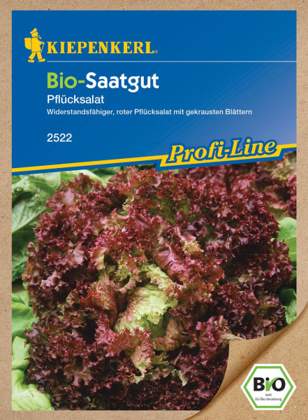 Produktbild von Kiepenkerl BIO Pflücksalat Verpackung mit der Bezeichnung Bio-Saatgut für widerstandsfähigen, roten Pflücksalat mit gekrausten Blättern und der Kennzeichnung ProfiLine.
