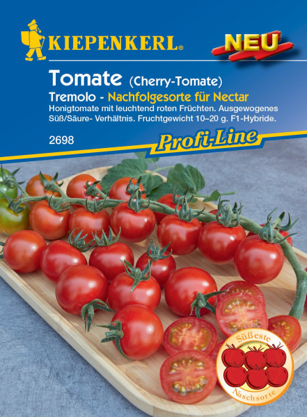 Produktbild von Kiepenkerl Cherry-Tomate Tremolo F1 mit reifen Tomaten auf Holzbrett und Produktinformationen in deutscher Sprache.