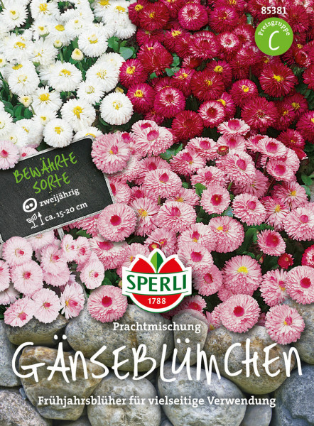Produktbild von Sperli Gaensebluemchen Prachtmischung mit blühenden Pflanzen in verschiedenen Farben und Produktinformationen auf der Verpackung in deutscher Sprache.