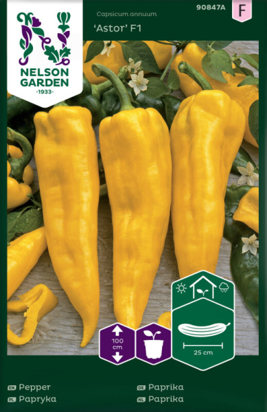 Produktbild von Nelson Garden Paprika Astor F1 Verpackung mit gelben Paprikafrüchten, Blütenabbildungen und Anbauinformationen.