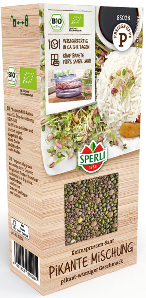 Produktbild von Sperli BIO Keimsprossen-Saat Pikante Mischung Verpackung mit Informationen über Bio-Anbau und Verzehrfertigkeit in 3-8 Tagen, ergänzt durch Bilder von Sprossen und Anwendungsbeispielen.