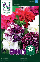 Produktbild von Nelson Garden Petunie Glorius F1 mit bunten Petunienblüten und Verpackungsinformation wie Pflanzentyp Jahreszeit Wachstumshöhe und Blütengröße