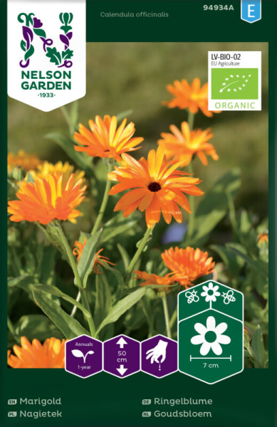 Produktbild von Nelson Garden BIO Ringelblume Saatgutverpackung mit Bildern von orangefarbenen Ringelblumen und Beschriftungen und Symbolen zu Wuchsbedingungen und biologischem Siegel.