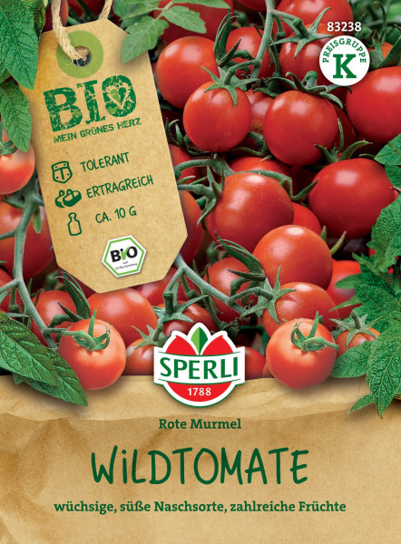 Produktbild von Sperli BIO Wildtomate mit roten Früchten und Produktinformationen wie tolerant und ertragreich auf einem Anhänger sowie der Bezeichnung Rote Murmel.