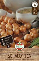 Produktbild von Sperli Schalotten Yellow Moon mit gelbschaligen Schalotten vor einer Suppenschüssel, Preisschild, Markenlogo und Pflanzhinweisen. Produktbild von Sperli Schalotten Yellow Moon mit gelbschaligen Schalotten vor einer Suppenschüssel, Preisschild, Markenlogo und Pflanzhinweisen.