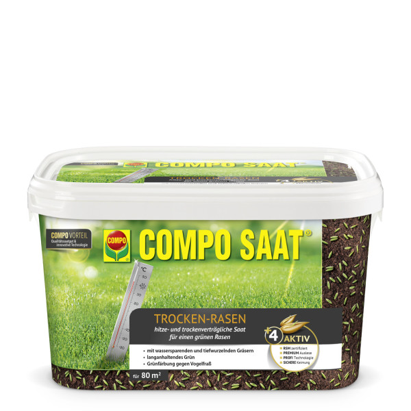 Produktbild von COMPO SAAT Trocken-Rasen in einer 2kg Verpackung mit grünem Rasen im Hintergrund und Informationen über Hitze- und Trockenverträglichkeit sowie Wassersparen und Schutz gegen Vogelfraß.