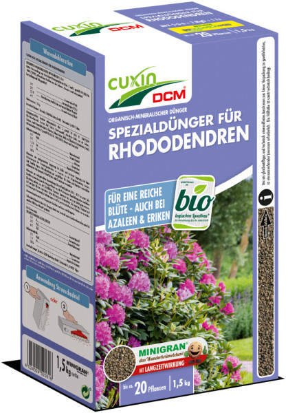 Produktbild des Cuxin DCM Spezialdüngers für Rhododendren Azaleen & Eriken Minigran in einer 1, 5, kg Streuschachtel mit Informationen zur Langzeitwirkung, Anwendungsanleitung und Bio-Siegel.