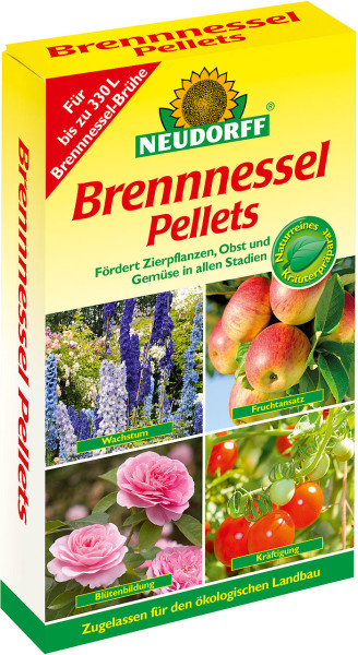 Produktbild von Neudorff Brennnessel Pellets 500g Verpackung mit Bildern von Nutzpflanzen und Informationen zu Anwendung und Wirkung auf Pflanzenwachstum und Blütenbildung in deutscher Sprache.