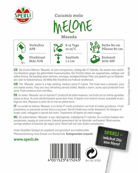 Produktbild von Sperli Melone Masada F1 mit Informationen zur Vor- und Direktsaat, Erntezeit sowie Beschreibung der Melone in deutscher Sprache, ergänzt durch ein Qualitätssiegel und Hinweise zum Hersteller.