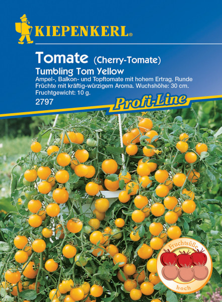 Produktbild von Kiepenkerl Cherry-Tomate Tumbling Tom Yellow mit Darstellung der gelben Tomatenpflanze und Verpackungsdesign samt Produktinformationen.
