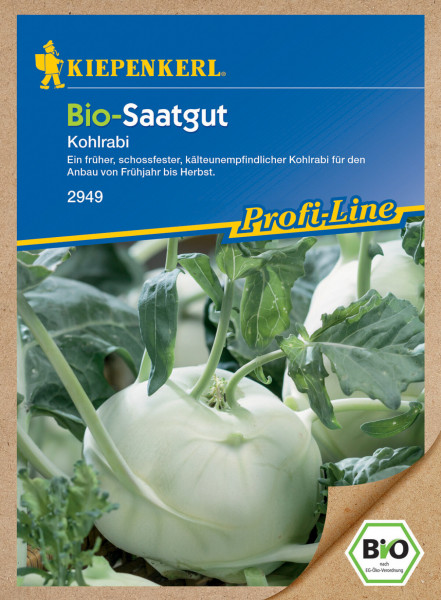Produktbild von Kiepenkerl BIO Kohlrabi Saatgutverpackung mit der Bezeichnung ProfiLine und Informationen zu schossfestem kälteunempfindlichen Kohlrabi für den Anbau von Frühjahr bis Herbst.