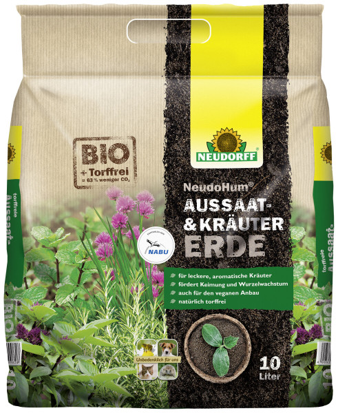 Produktbild von Neudorff NeudoHum Aussaat- und KräuterErde 10l Verpackung mit Informationen zum torffreien Inhalt und NABU-Gütesiegel für nachhaltiges Gärtnern in deutscher Sprache.