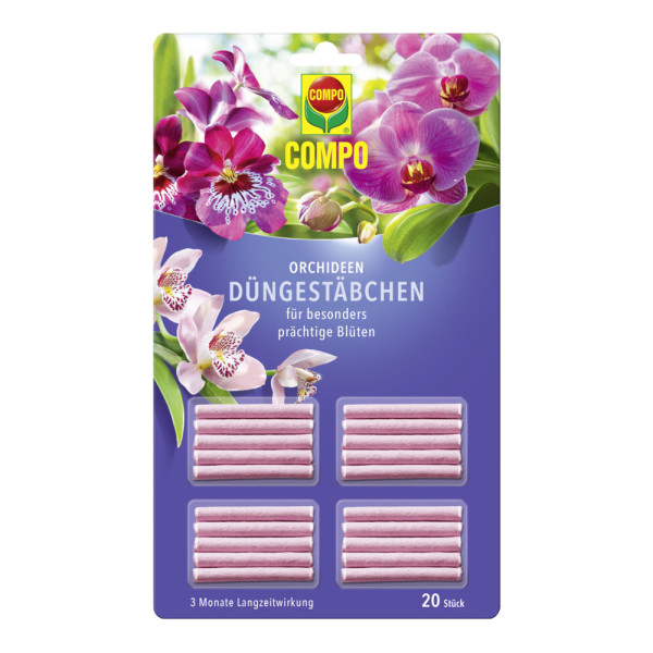 Produktbild von COMPO Düngestäbchen für Orchideen mit 20 Stäbchen und der Aufschrift für besonders prächtige Blüten und 3 Monate Langzeitwirkung.