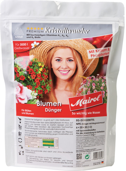 Produktbild von Mairol Blumendünger Kristallwunder 3kg mit einer lachenden Frau und Blumen sowie Informationen zu Inhaltsstoffen und Dosierung.
