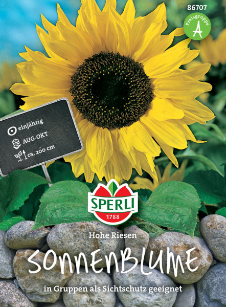 Produktbild von Sperli Sonnenblume Hohe Riesen mit einer großen blühenden Sonnenblume, Produktlogo, Preisgruppenkennzeichnung und Hinweisen zu Einjährigkeit sowie Blütezeit von August bis Oktober.