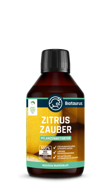 Produktbild von Biotaurus Zitruszauber 250ml Flasche als Pflanzenaktivator mit Hinweis auf 100 Prozent Bio, vegan und gen-technikfrei.