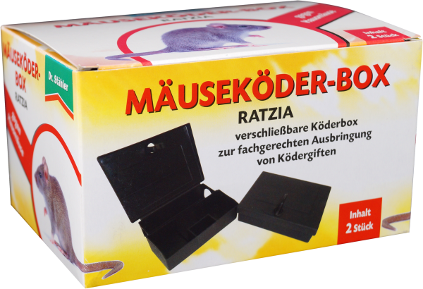 Produktbild der Dr. Stähler Mäuseköder-Box Ratzia mit 2 Stück Inhalt, Darstellung der verschließbaren Köderboxen und Informationen zur sachgerechten Verwendung von Ködergiften.