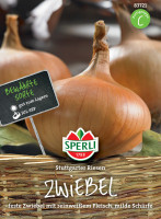 Produktbild von Sperli Zwiebel Stuttgarter Riesen mit der Darstellung von Zwiebeln und Verpackungsinformationen wie bewährte Sorte und Aussaatzeit. Produktbild von Sperli Zwiebel Stuttgarter Riesen mit der Darstellung von Zwiebeln und Verpackungsinformationen wie bewährte Sorte und Aussaatzeit.