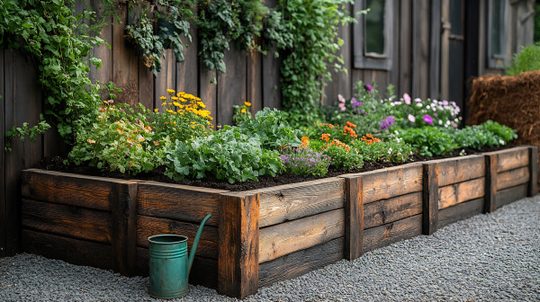 2400-rustic-wooden-raised-beds-overflowing-soil-and-herbs-vintage-iron-watering-cans-on-the-edge-closeup-of-climbing-plants-on-trellises-compost-piles-in-the-background