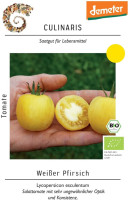 Produktbild von Culinaris BIO Salattomate Weißer Pfirsich mit drei Tomaten eine halbiert auf der Handfläche und Verpackungsdesign mit demeter Label und... Produktbild von Culinaris BIO Salattomate Weißer Pfirsich mit drei Tomaten eine halbiert auf der Handfläche und Verpackungsdesign mit demeter Label und Bio-Siegel.