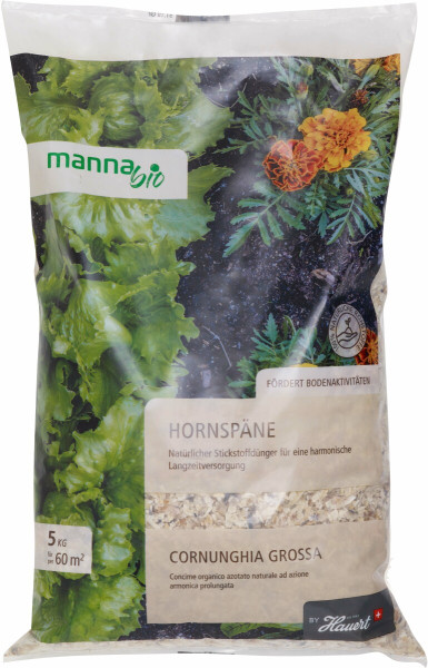 Produktbild von MANNA Bio Hornspäne 5kg Verpackung mit Informationen zu natürlichem Stickstoffdünger und Bodenaktivitäten in deutscher Sprache.