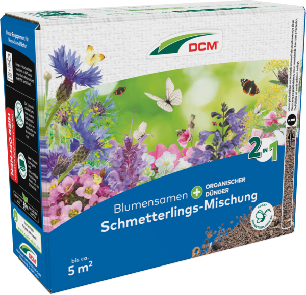 Produktbild von Cuxin DCM Blumensamen Schmetterlings-Mischung in einer 265g Streuschachtel mit Abbildungen verschiedener Blüten und Schmetterlinge sowie Informationen zum biologischen Dünger.