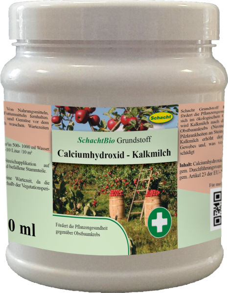 Produktbild von Schacht Grundstoff Calciumhydroxid-Kalkmilch 1l Flasche mit Informationen und Bild von Obstbäumen auf der Verpackung.