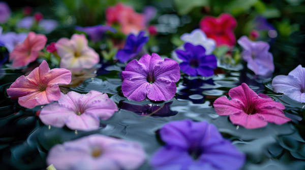 large-vibrant-close-up-of-colorful-flowers-floating-on-water-surrounded-by-lush-greenery-and-soft-reflections