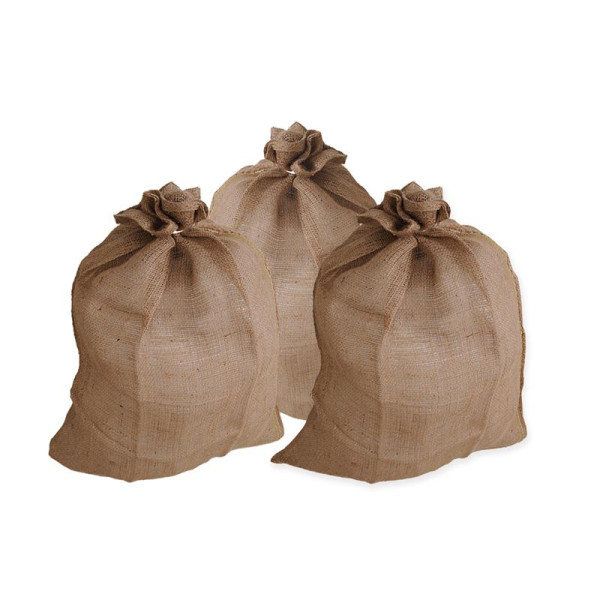 Produktbild von drei Noor Jutesäcken natur in Extra stark Qualität zugebunden und stehend für 50kg Füllgewicht in der Größe 60x105 cm.
