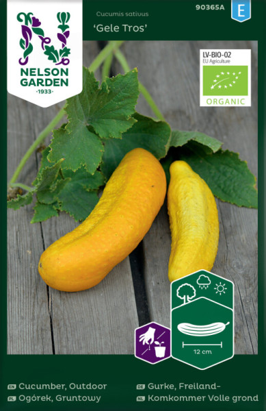 Produktbild Nelson Garden BIO Freilandgurke Gele Tros Verpackung mit gelben Gurken und biologischen Zertifizierungssymbolen auf Holzhintergrund.