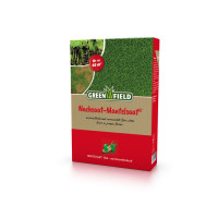 Produktbild von GREENFIELD Nachsaat-Mantelsaat 1kg mit Darstellung des Produktes, Informationen zur Flächenabdeckung und Hinweisen zur Anwendung in deutscher...