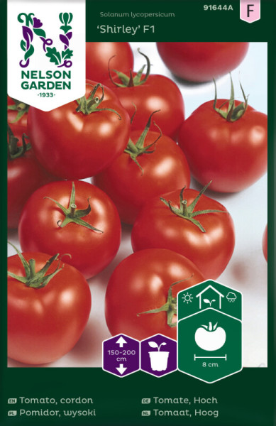 Produktbild von Nelson Garden Stabtomate Shirley F1 mit roten Tomaten und Verpackungsdesign inklusive Markenlogo und Pflanzinformationen in verschiedenen Sprachen.