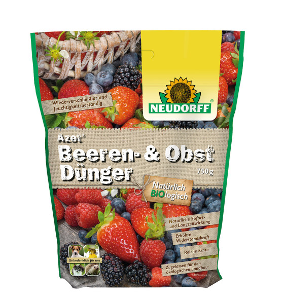 Produktbild von Neudorff Azet Beeren- und ObstDünger 750g Packung mit Früchtebildern und Produktinformationen