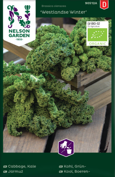 Produktbild von Nelson Garden BIO Grünkohl Westlandse Winter mit frischen Grünkohlköpfen und Verpackungsdesign mit EU-Bio-Logo in mehreren Sprachen.