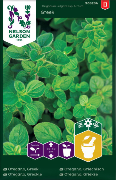 Produktbild von Nelson Garden Griechischer Oregano Greek mit Angaben zu Pflanzeneigenschaften und Wachstumsinformationen auf der Verpackung in verschiedenen Sprachen.