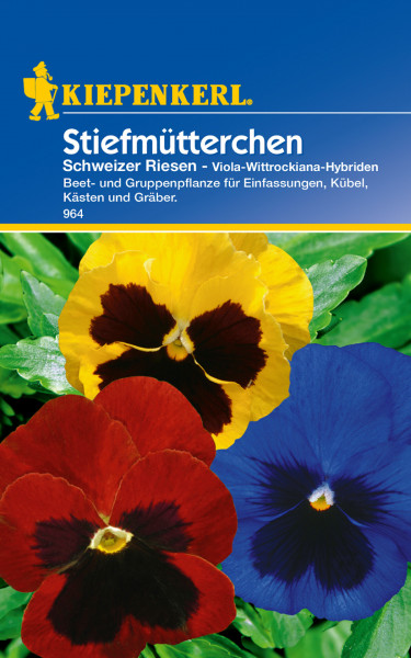 Produktbild von Kiepenkerl Stiefmütterchen Schweizer Riesen Mischung mit drei großen farbigen Blüten vor einer Verpackung mit Markenlogo und Produktinformationen in deutscher Sprache.