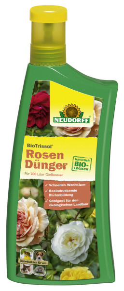 Produktbild von Neudorff BioTrissol RosenDünger in einer 1-Liter-Flasche mit Informationen zu schnellem Wachstum und Blütenbildung sowie einer Abbildung verschiedener Rosen und Hinweisen zur Umweltverträglichkeit.
