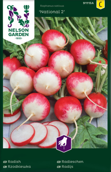 Produktbild von Nelson Garden Radieschen National 2 Saatgutverpackung mit Abbildung von frischen roten und weißen Radieschen und mehrsprachigen Produktbezeichnungen.
