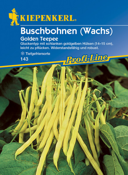 Produktbild von Kiepenkerl Buschbohne Golden Teepee mit Darstellung der goldgelben Bohnenhülsen und Produktinformationen auf Deutsch.