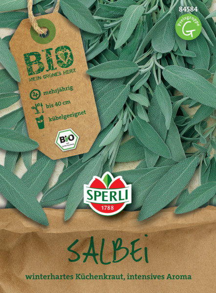 Produktbild von Sperli BIO Salbei mit frischen Salbeiblättern und Verpackung die Informationen wie mehrjährig, bis 40 cm, kübelgeeignet und bio zertifiziert zeigt.