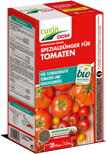 Produktbild von Cuxin DCM Spezialdünger für Tomaten Minigran in einer 1, 5, kg Streuschachtel mit Anwendungshinweisen und Abbildungen von Tomaten.