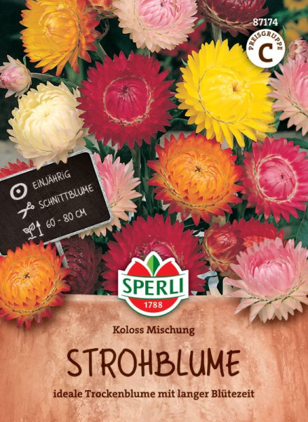 Produktbild von Sperli Strohblume Koloss Mischung mit bunten Blumen und Verpackungsinformationen in deutscher Sprache.