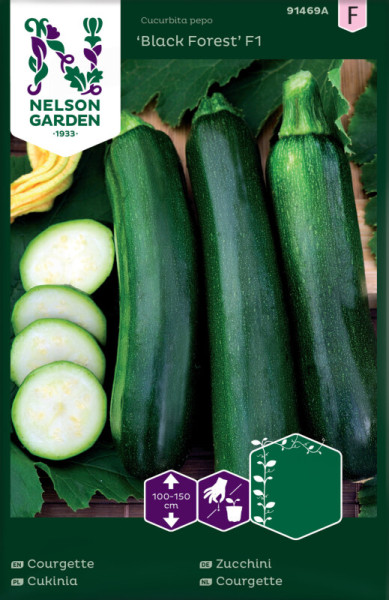 Produktbild von Nelson Garden Zucchini Black Forest F1 mit Darstellung der Zucchini und ihrer Aufschnitte sowie Verpackungsinformationen.