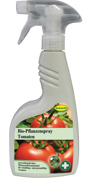 Produktbild von Schacht Bio-Pflanzenspray Tomaten 500ml in einer weißen Pumpsprühflasche mit Aufschrift und Abbildung von Tomaten.