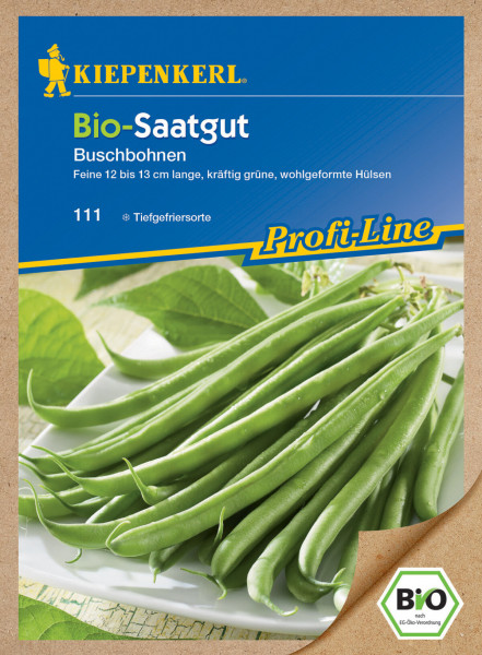 Produktbild von Kiepenkerl BIO Buschbohnen Saatgutverpackung mit Abbildung der feinen grünen Bohnen, Biologo und Hinweisen zu Sorte und Eignung für Tiefkühlung.