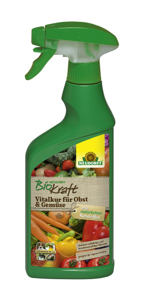 Produktbild der Neudorff BioKraft Vitalkur für Obst und Gemüse in einer 500ml Handsprühflasche mit grünem Etikett und Abbildungen verschiedener Gemüsesorten.