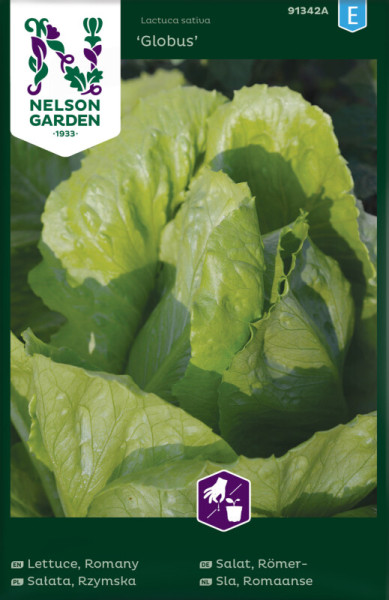 Produktbild von Nelson Garden Roemersalat Globus mit gruenen Salatblaettern und Verpackungsinformationen in verschiedenen Sprachen.